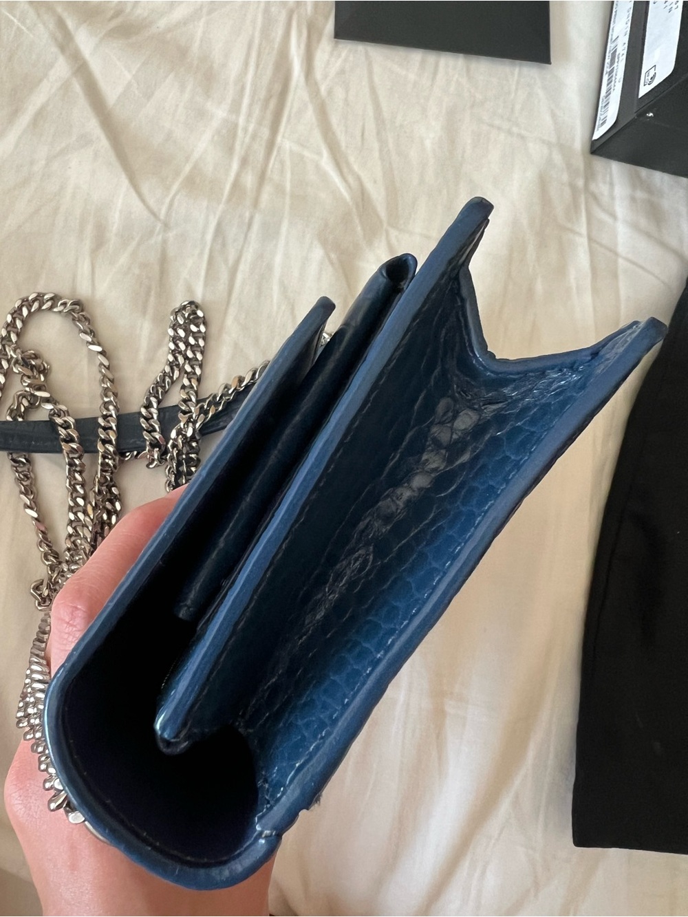 Saint Laurent Small Sunset Bag in Denim Blue Croc-Embossed Leather - Picture 7 of 16